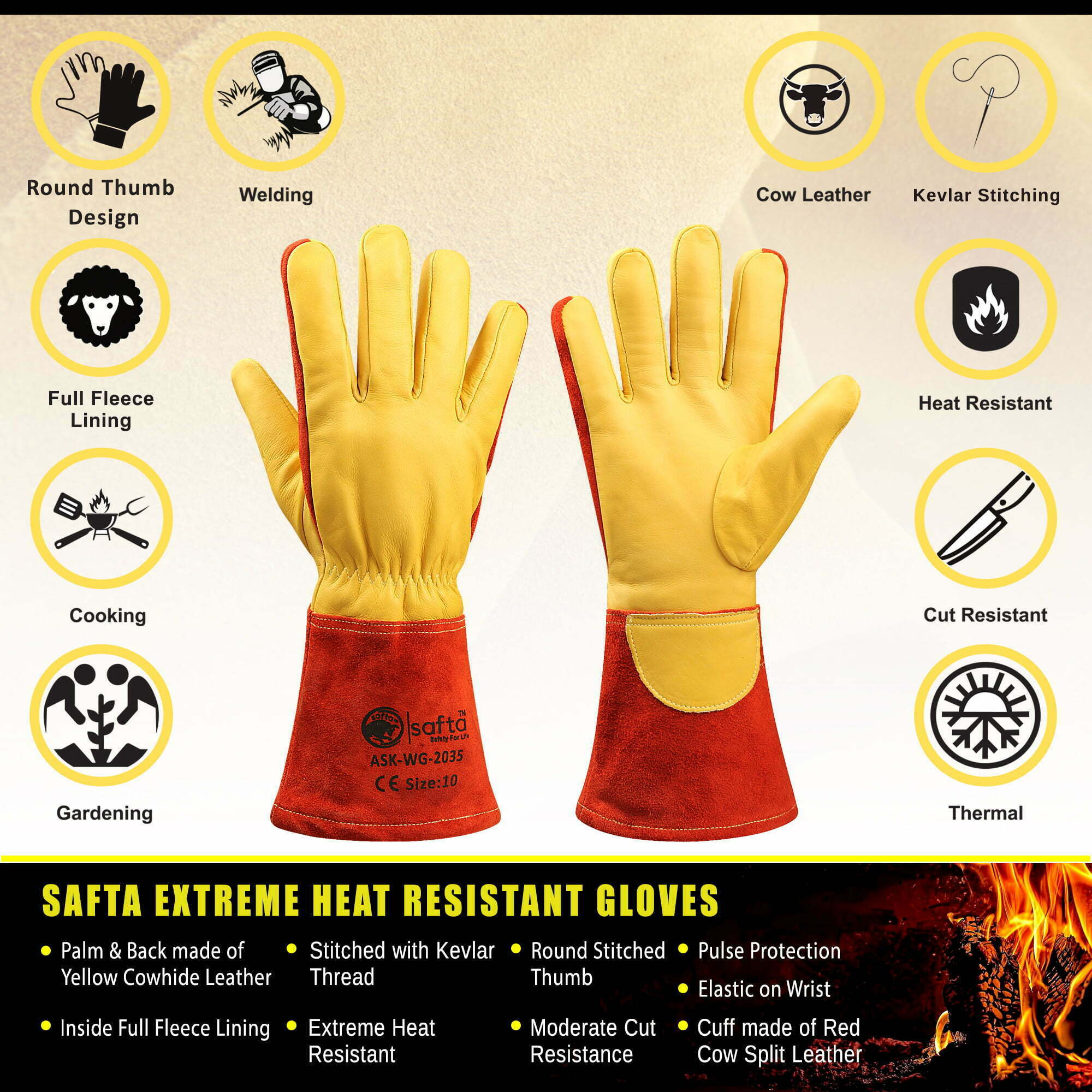 Heat Protection Glove | Cow Split Leather Kevlar Stitched | Wrist Protection