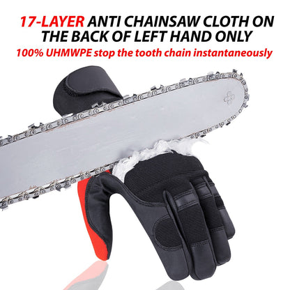 op-Quality Chainsaw Gloves with 17 layers of anti-chainsaw protection, providing safety and European Standard compliance for chainsaw operators