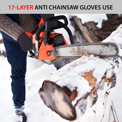 op-Quality Chainsaw Gloves with 17 layers of anti-chainsaw protection, providing safety and European Standard compliance for chainsaw operators