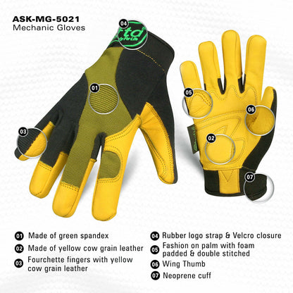 Mechanics Gloves | Work Gloves | Cow Grain Leather Palm | Safety Gloves