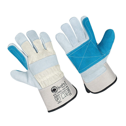 Close-up of durable leather work gloves with reinforced double palm, ideal for gardening and heavy-duty tasks. High-quality cow split leather ensures protection and flexibility | safta bee