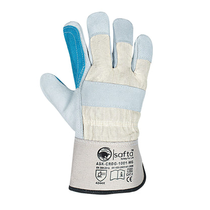 Close-up of durable leather work gloves with reinforced double palm, ideal for gardening and heavy-duty tasks. High-quality cow split leather ensures protection and flexibility | safta bee