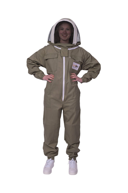 Olive green beekeeper suit made of durable cotton, featuring a sting-proof veil and professional-grade protection for safe beekeeping."