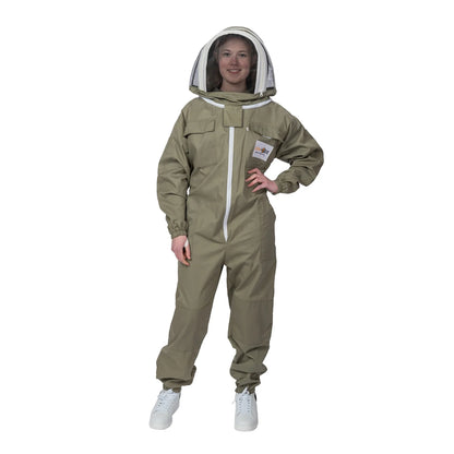 Olive green beekeeper suit made of durable cotton, featuring a sting-proof veil and professional-grade protection for safe beekeeping."