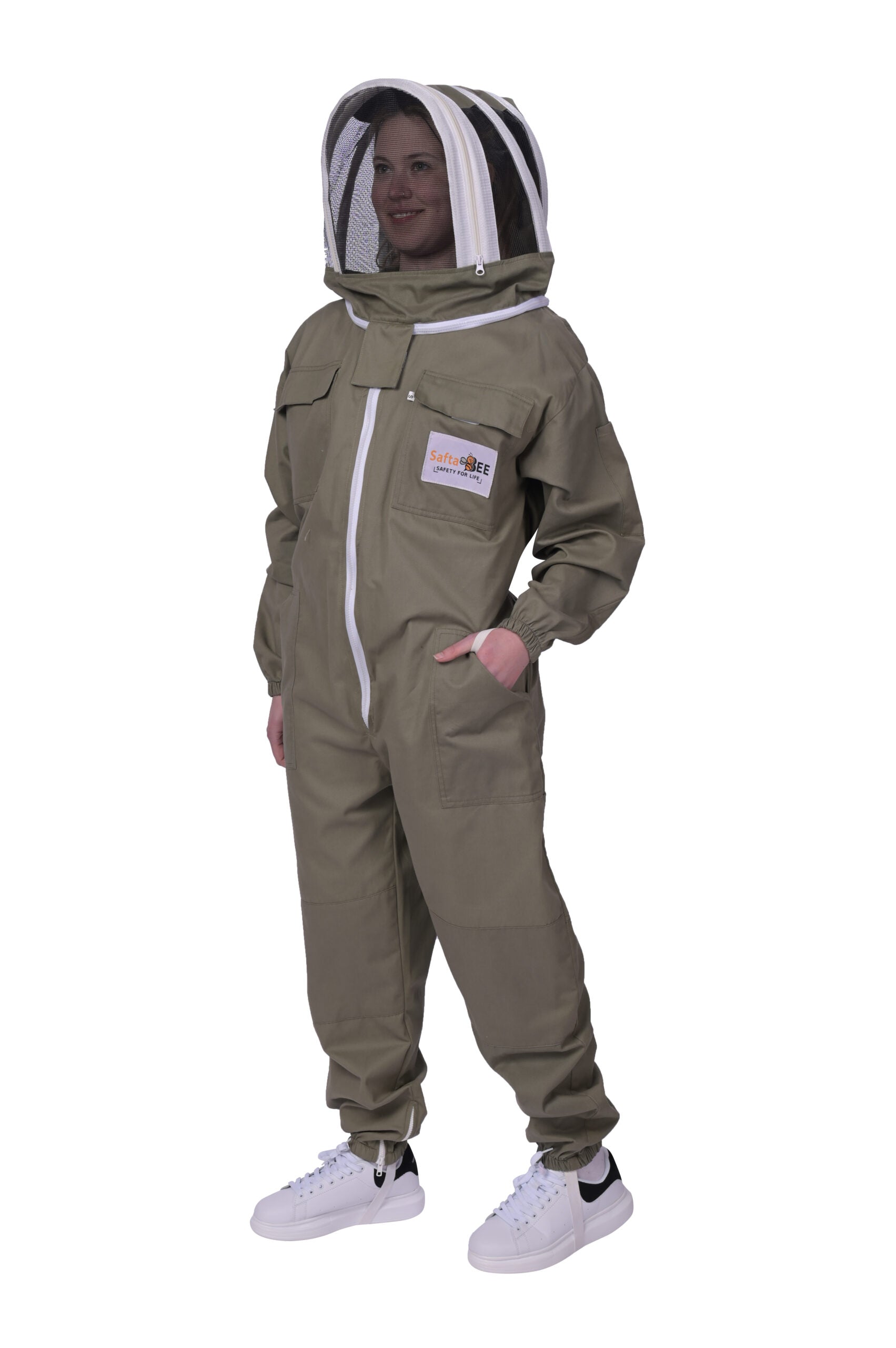 Olive green beekeeper suit made of durable cotton, featuring a sting-proof veil and professional-grade protection for safe beekeeping."