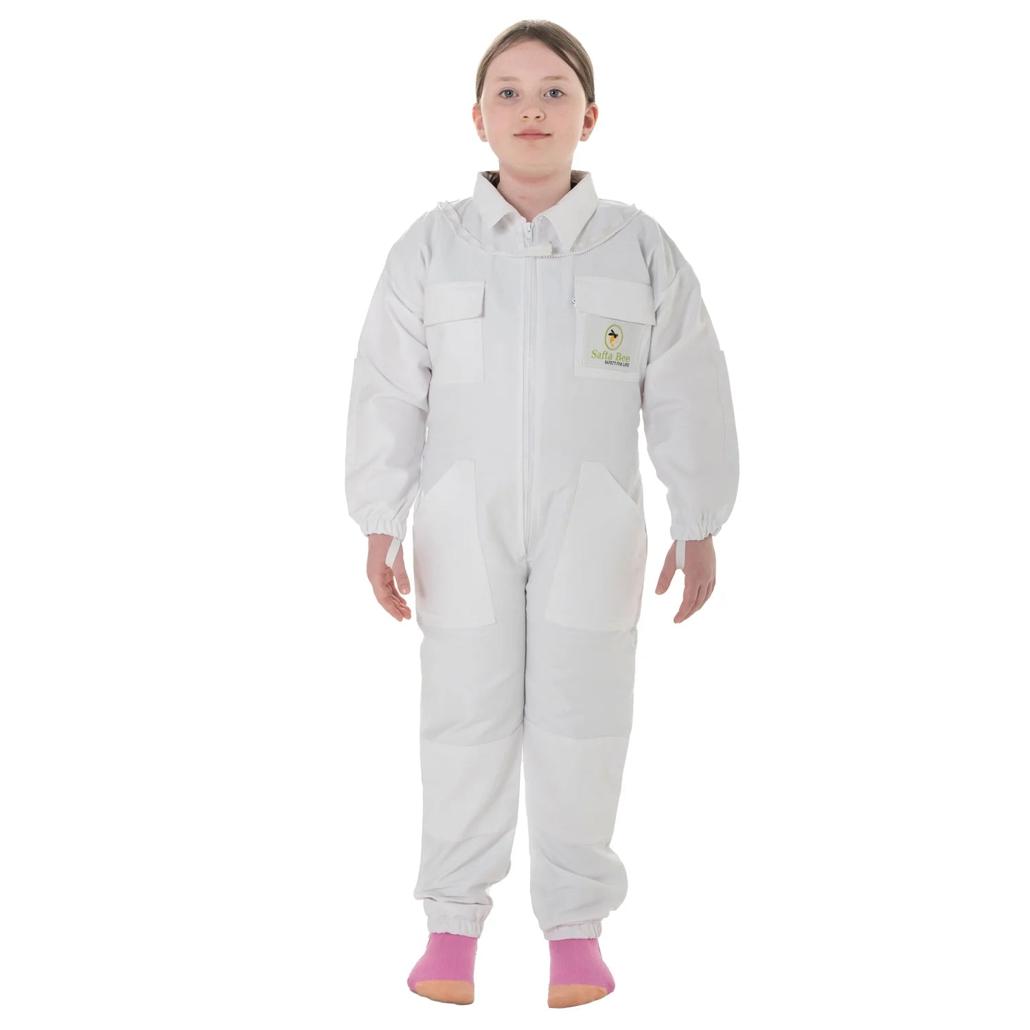 Children Beekeeping Suit White with detachable fencing veil, designed for kids' safety and comfort during beekeeping activities