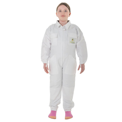 Children Beekeeping Suit White with detachable fencing veil, designed for kids' safety and comfort during beekeeping activities