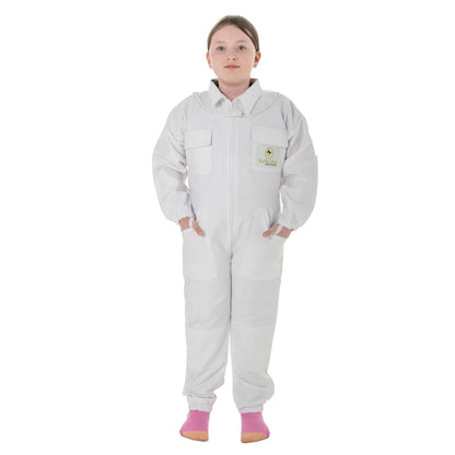 Children Beekeeping Suit White with detachable fencing veil, designed for kids' safety and comfort during beekeeping activities