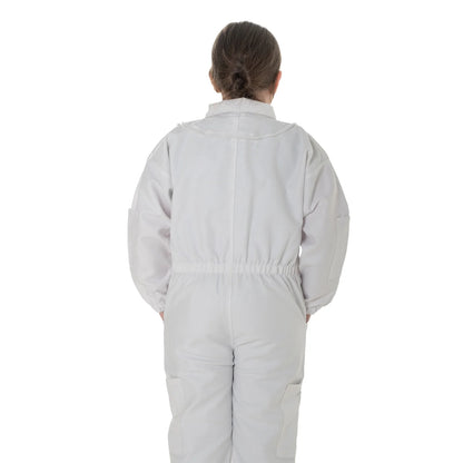 Children Beekeeping Suit White with detachable fencing veil, designed for kids' safety and comfort during beekeeping activities