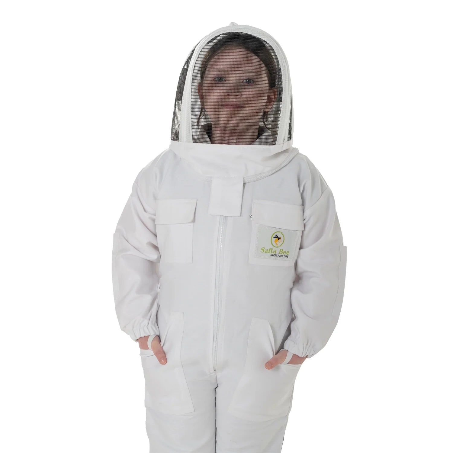 Children Beekeeping Suit White with detachable fencing veil, designed for kids' safety and comfort during beekeeping activities