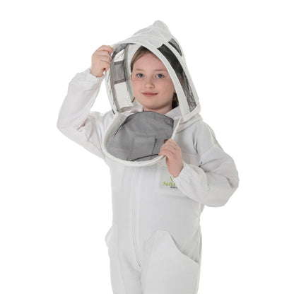 Children Beekeeping Suit White with detachable fencing veil, designed for kids' safety and comfort during beekeeping activities