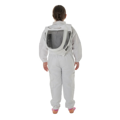 Children Beekeeping Suit White with detachable fencing veil, designed for kids' safety and comfort during beekeeping activities