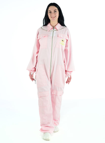 Pink bee protection suit, poly cotton beekeeper suit for sting-proof safety and comfort."  This format incorporates the keywords "Bee Protection Suit,