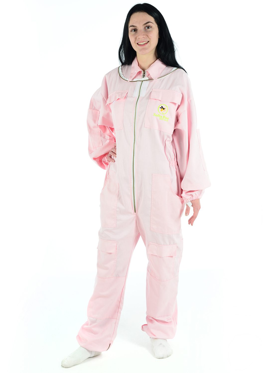 Pink bee protection suit, poly cotton beekeeper suit for sting-proof safety and comfort."  This format incorporates the keywords "Bee Protection Suit,