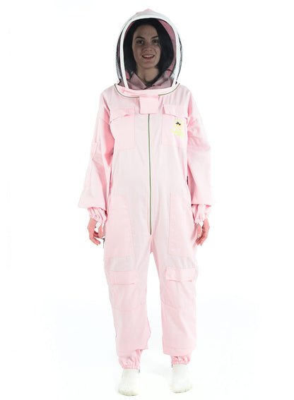 Pink bee protection suit, poly cotton beekeeper suit for sting-proof safety and comfort."  This format incorporates the keywords "Bee Protection Suit,