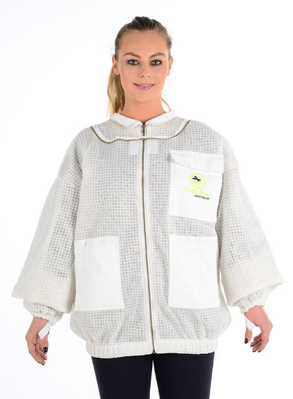 Beekeeping jacket with fencing veil, offering sting-proof protection, ventilation, and durability; perfect for beginner and professional beekeepers. safta bee