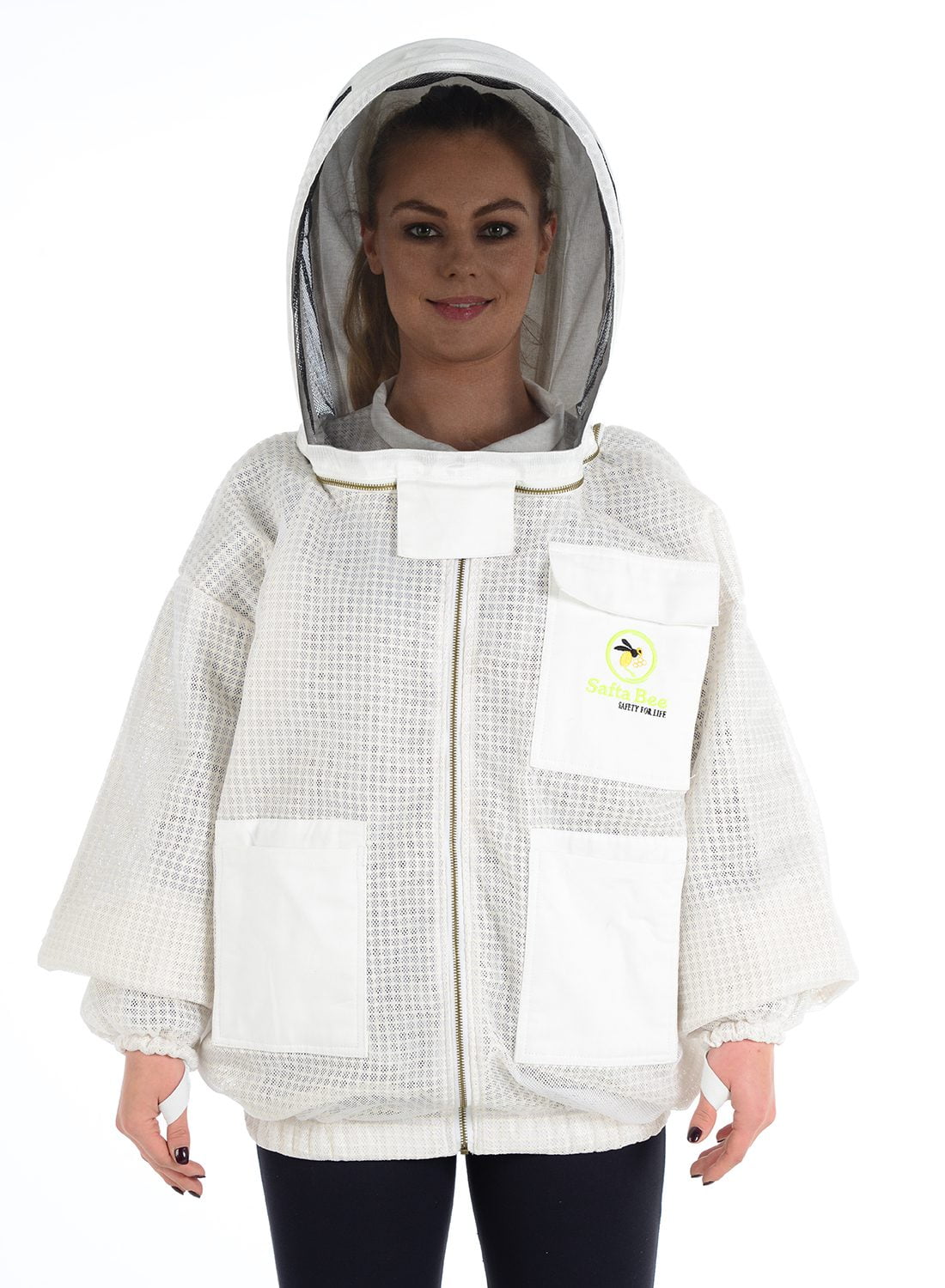 Beekeeping jacket with fencing veil, offering sting-proof protection, ventilation, and durability; perfect for beginner and professional beekeepers. safta bee