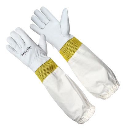 Bee gloves made of durable goatskin with ventilated mesh and long sleeves, offering sting protection and enhanced comfort for safe beekeeping."