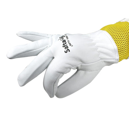 Bee gloves made of durable goatskin with ventilated mesh and long sleeves, offering sting protection and enhanced comfort for safe beekeeping."