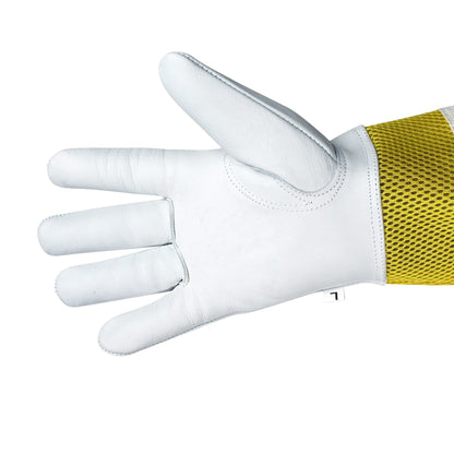 Bee gloves made of durable goatskin with ventilated mesh and long sleeves, offering sting protection and enhanced comfort for safe beekeeping."