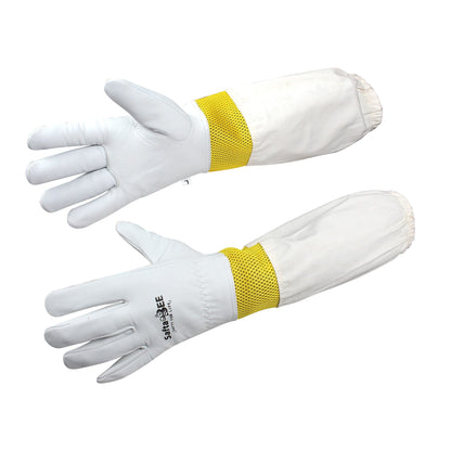 Bee gloves made of durable goatskin with ventilated mesh and long sleeves, offering sting protection and enhanced comfort for safe beekeeping."