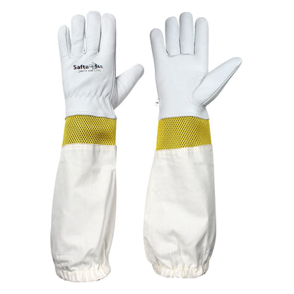 Bee gloves made of durable goatskin with ventilated mesh and long sleeves, offering sting protection and enhanced comfort for safe beekeeping."