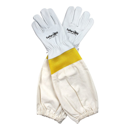 Bee gloves made of durable goatskin with ventilated mesh and long sleeves, offering sting protection and enhanced comfort for safe beekeeping."