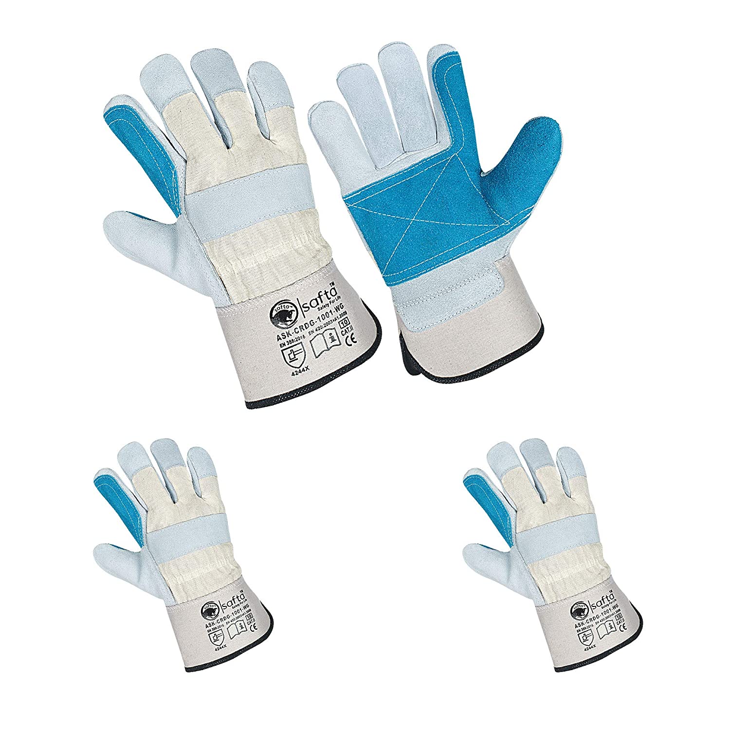 Close-up of durable leather work gloves with reinforced double palm, ideal for gardening and heavy-duty tasks. High-quality cow split leather ensures protection and flexibility | safta bee