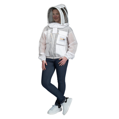 Beekeeping jacket with fencing veil, offering sting-proof protection, ventilation, and durability; perfect for beginner and professional beekeepers. safta bee