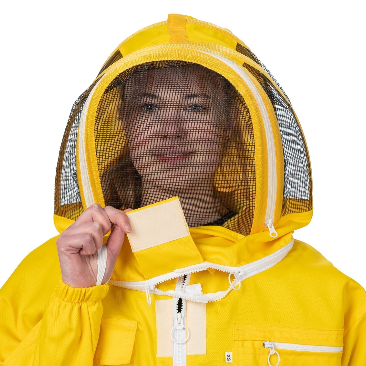 bee suit cotton yellow Safta Bee Yellow Jacket Beekeeping Suit, designed for optimal sting protection and comfort, featuring a breathable mesh and non-flammable fencing veil for professional beekeepers.